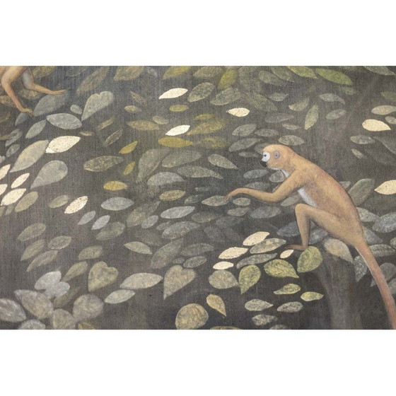 Image 1 of Peinture vintage représentant 4 chimpanzés sur les branches d'un arbre et sur un arrière-plan