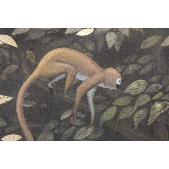 Image 1 of Peinture vintage représentant 4 chimpanzés sur les branches d'un arbre et sur un arrière-plan
