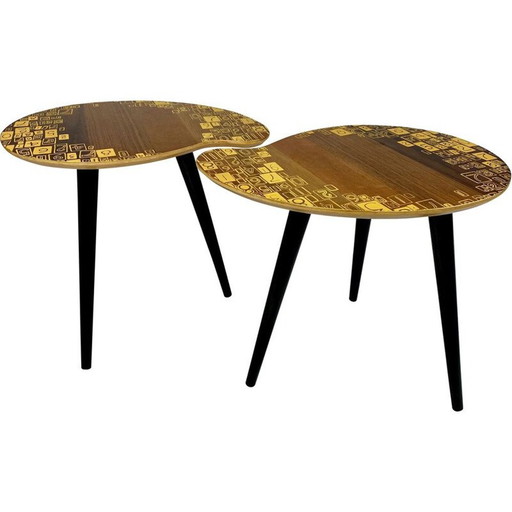 Paire de tables basses vintage en bois de haricot à motifs