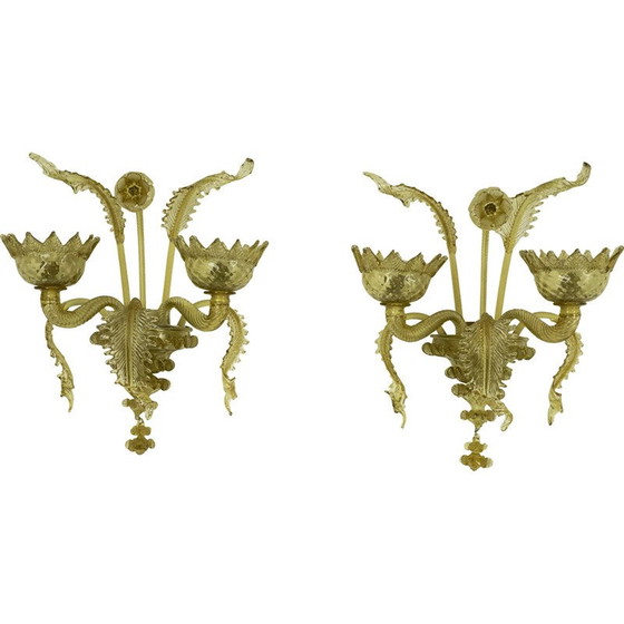 Image 1 of Paire d'appliques en verre de Murano ambré du milieu du siècle dernier, années 1940