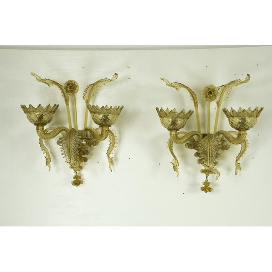 Image 1 of Paire d'appliques en verre de Murano ambré du milieu du siècle dernier, années 1940