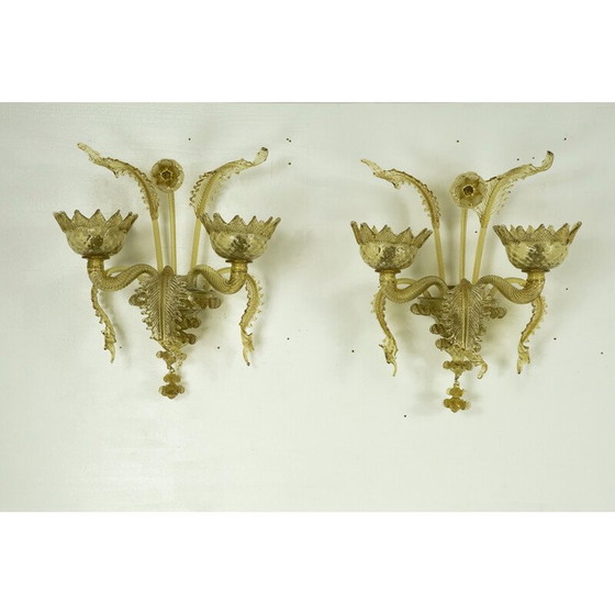 Image 1 of Paire d'appliques en verre de Murano ambré du milieu du siècle dernier, années 1940