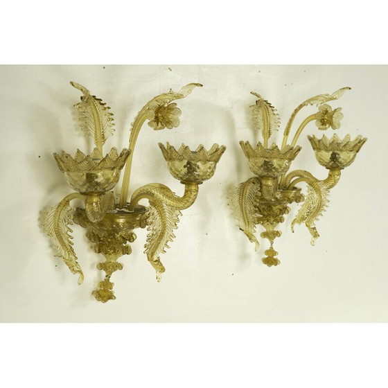 Image 1 of Paire d'appliques en verre de Murano ambré du milieu du siècle dernier, années 1940