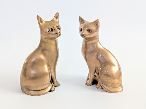 2 X Chats en laiton | Figurines presse-papier Midcentury | 1960's