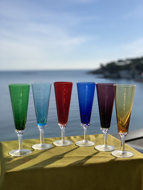 Image 1 of  6X flûtes à champagne colorées soufflées à la main de Murano