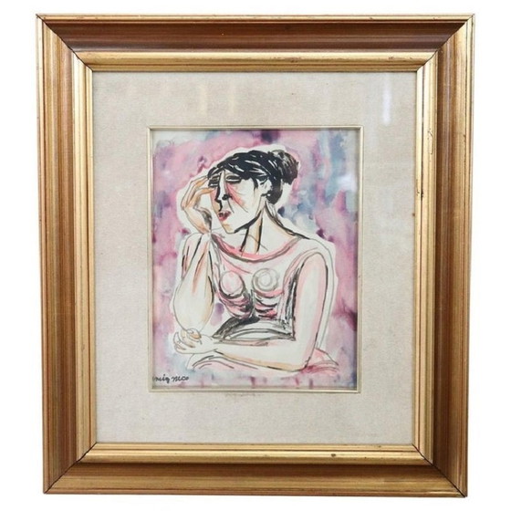 Image 1 of Portrait de femme, aquarelle sur papier signée Migneco