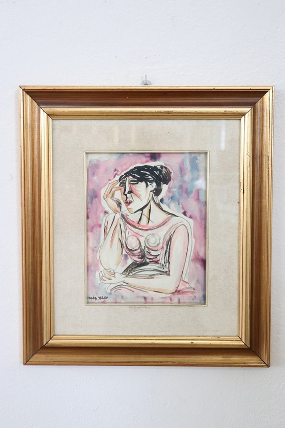 Image 1 of Portrait de femme, aquarelle sur papier signée Migneco