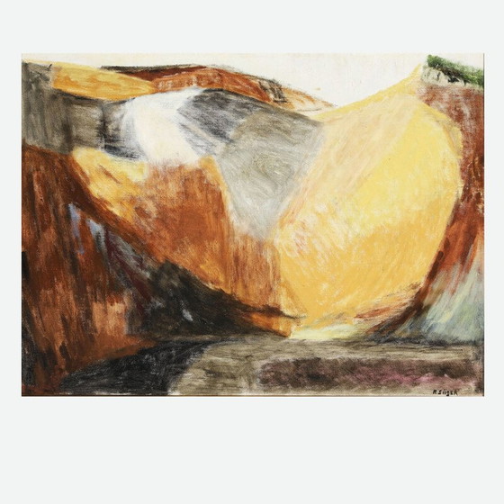 Image 1 of Huile sur toile vintage "Mountains in Yellow" de Preben Siiger, Danemark 1995
