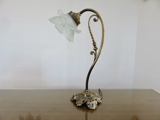 Lampe Art Nouveau en Laiton et Tulipe en Forme de Rose en Verre Dépoli