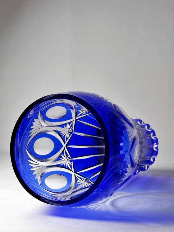 Image 1 of Vase Cristal De Bohème Doublé Cobalt Taillé Vintage/Ancien