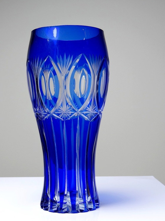Image 1 of Vase Cristal De Bohème Doublé Cobalt Taillé Vintage/Ancien