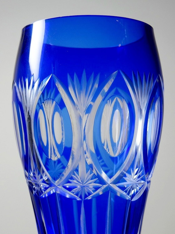 Image 1 of Vase Cristal De Bohème Doublé Cobalt Taillé Vintage/Ancien