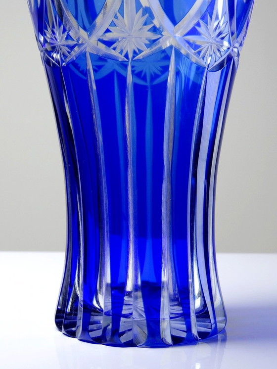 Image 1 of Vase Cristal De Bohème Doublé Cobalt Taillé Vintage/Ancien