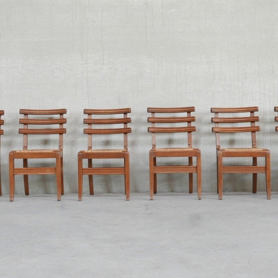 Image 1 of Ensemble de 6 chaises de salle à manger en bois de chêne français du milieu du siècle, années 1950