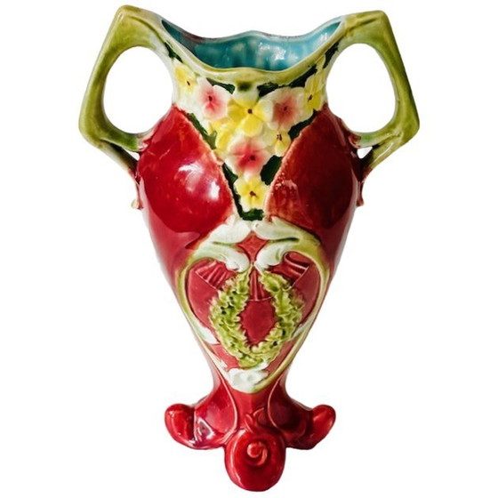 Image 1 of Vase en majolique de style art déco rouge cerise barbotine 1970