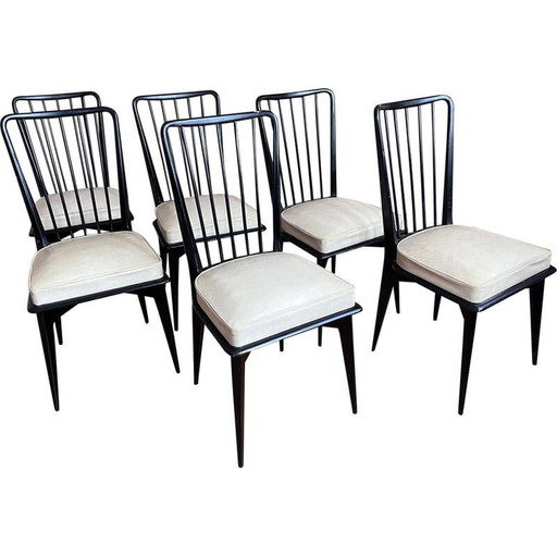 Ensemble de 6 chaises vintage en bois laqué et skaï par Charles Ramos, 1950