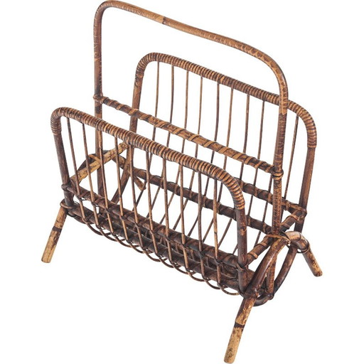 Porte-revues vintage en rotin, France années 1960