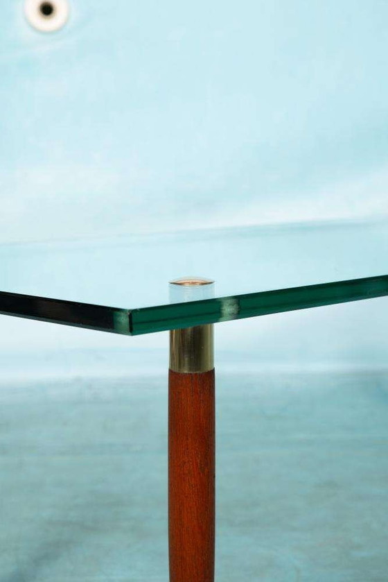 Image 1 of Table basse vintage verre teck laiton, table basse midmod