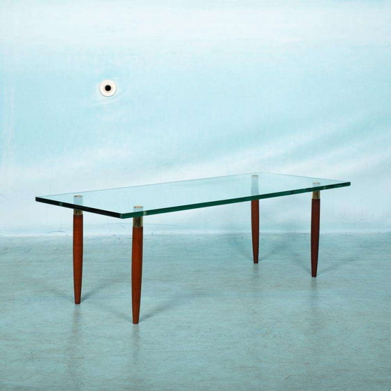 Image 1 of Table basse vintage verre teck laiton, table basse midmod