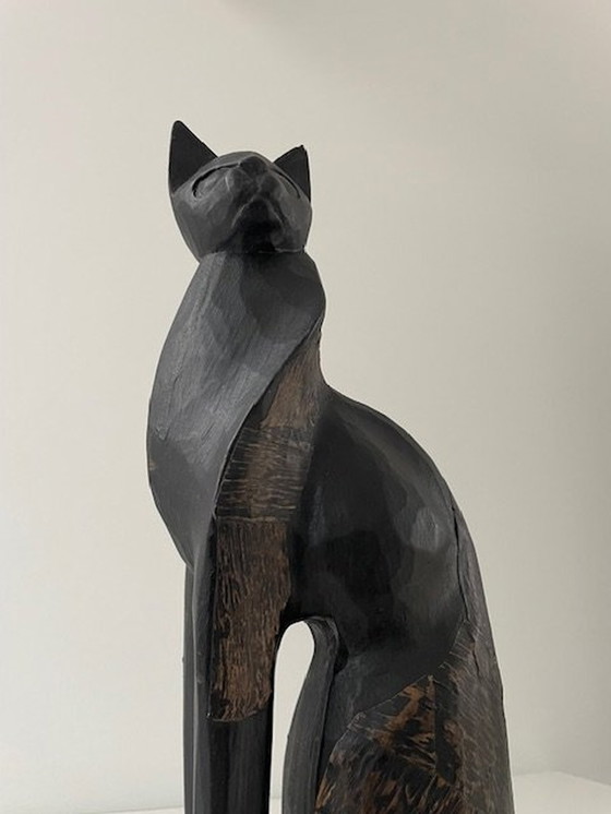 Image 1 of Statue Chat Stylisé - 31Cm Haut - Vintage Woodcut Art