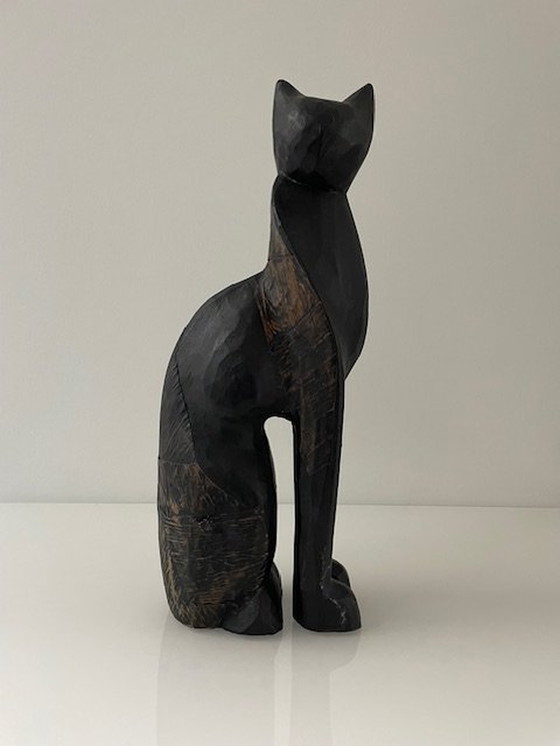 Image 1 of Statue Chat Stylisé - 31Cm Haut - Vintage Woodcut Art