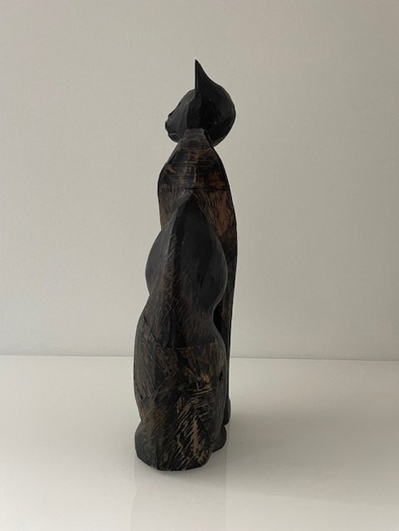 Image 1 of Statue Chat Stylisé - 31Cm Haut - Vintage Woodcut Art