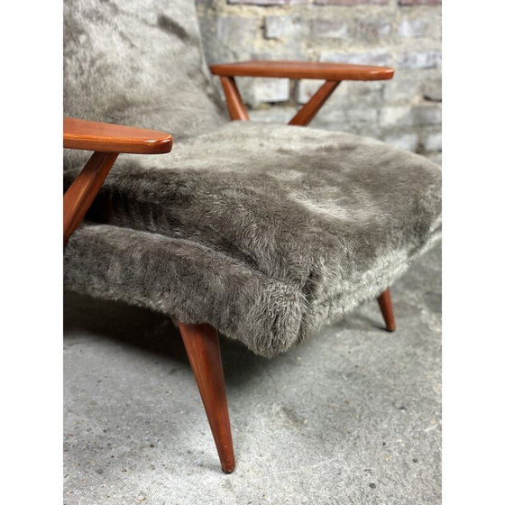 Image 1 of Fauteuil scandinave vintage en hêtre et tissus pelucheux, années 1950