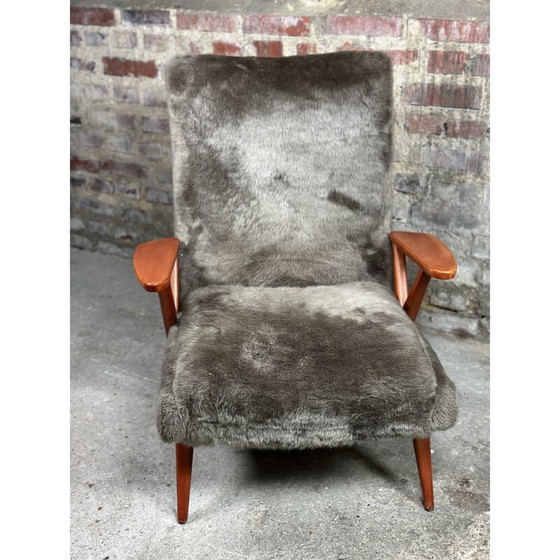 Image 1 of Fauteuil scandinave vintage en hêtre et tissus pelucheux, années 1950