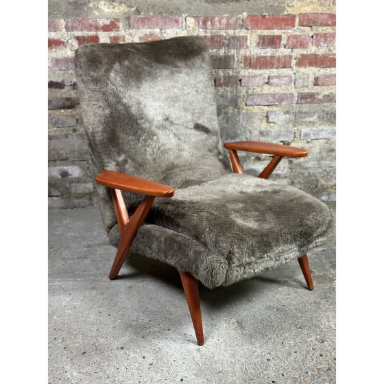 Image 1 of Fauteuil scandinave vintage en hêtre et tissus pelucheux, années 1950