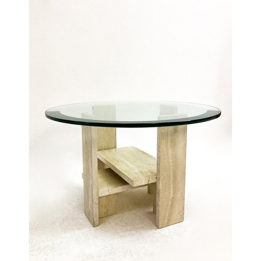 Table basse en verre et travertin du milieu du siècle par Willy Ballez, 1970
