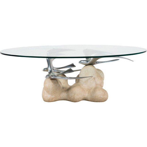 Table basse vintage avec motif d'oiseaux, Italie 1970