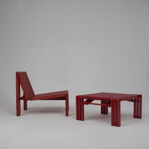 Ensemble chaise longue et table d'appoint en bois rouge