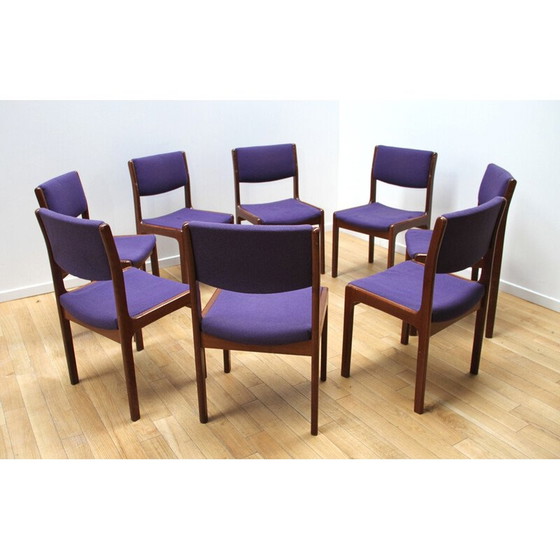 Image 1 of Ensemble de 8 chaises de salle à manger vintage en bois verni et laine violette