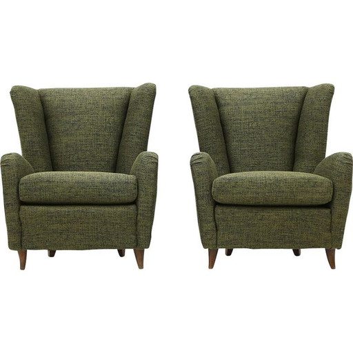 Paire de fauteuils vintage en tissu vert, années 1940