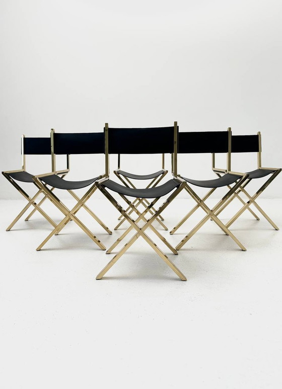 Image 1 of Set de 6 chaises à ciseaux en laiton et cuir de veau, Italie, années 1970