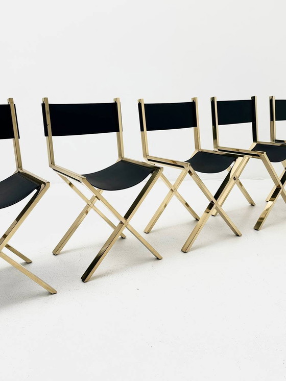 Image 1 of Set de 6 chaises à ciseaux en laiton et cuir de veau, Italie, années 1970