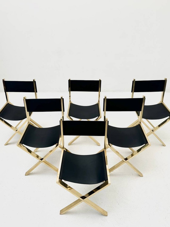 Image 1 of Set de 6 chaises à ciseaux en laiton et cuir de veau, Italie, années 1970