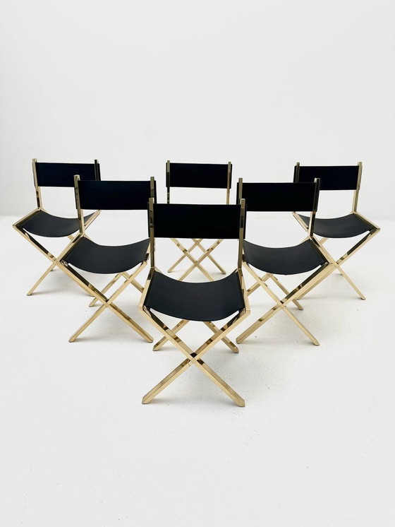 Image 1 of Set de 6 chaises à ciseaux en laiton et cuir de veau, Italie, années 1970