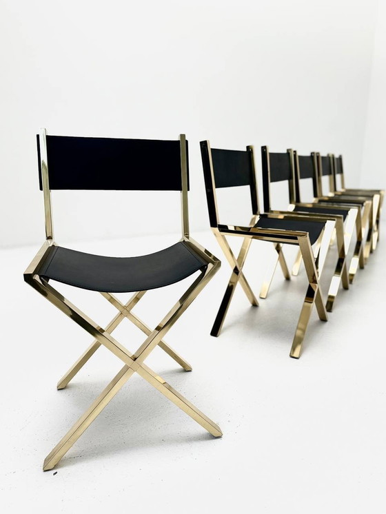 Image 1 of Set de 6 chaises à ciseaux en laiton et cuir de veau, Italie, années 1970