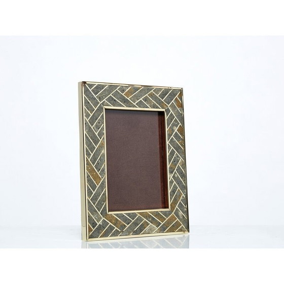 Image 1 of Cadre photo vintage en laiton et pierre fossile, Italie 1970