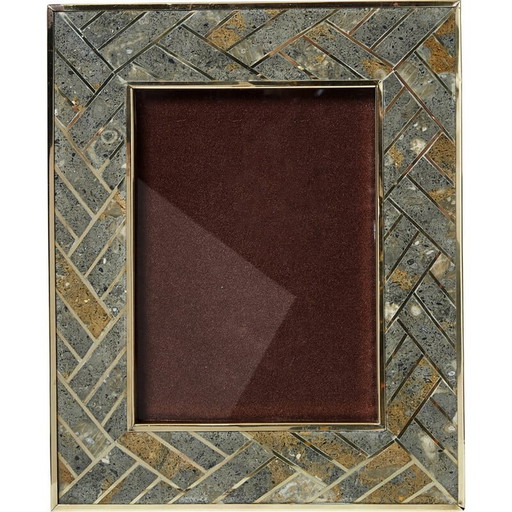 Cadre photo vintage en laiton et pierre fossile, Italie 1970