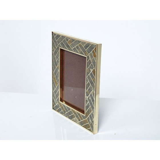 Image 1 of Cadre photo vintage en laiton et pierre fossile, Italie 1970