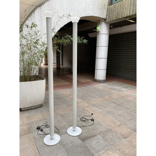 Paire de lampadaires vintage en métal laqué et verre de Murano par Roberto Pamio, 1980