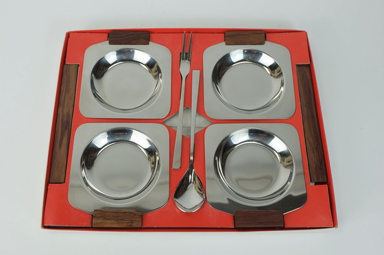 Image 1 of Mid Century Modern Bowl Set Dip Bowls Party Serving Set Stainless Steel And Wood 1960S