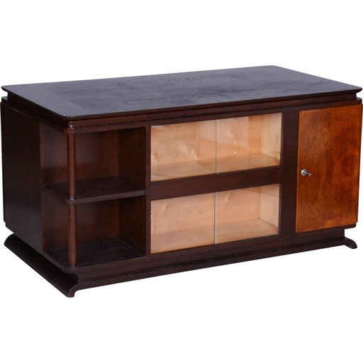 Bureau vintage en bois de chêne, verre et frêne avec tiroirs et étagères, Tchécoslovaquie 1930