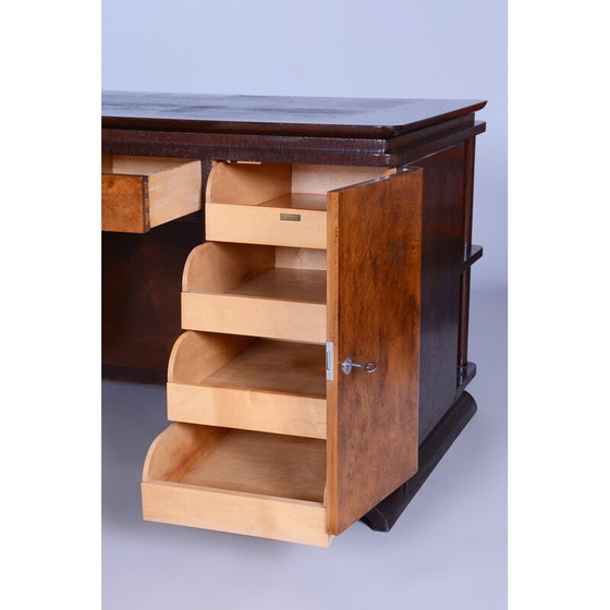Image 1 of Bureau vintage en bois de chêne, verre et frêne avec tiroirs et étagères, Tchécoslovaquie 1930