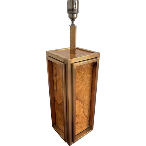 Pied de lampe vintage en loupe d'orme et laiton doré par Guy Lefèvre, 1970