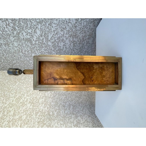 Pied de lampe vintage en loupe d'orme et laiton doré par Guy Lefèvre, 1970