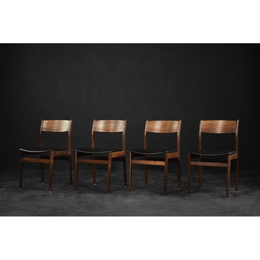 Ensemble de 4 chaises de salle à manger scandinaves vintage en teck et vinyle, années 1960