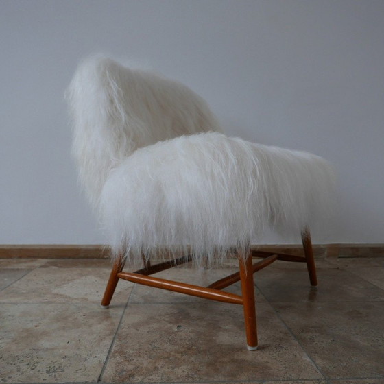 Image 1 of Chaise vintage en peau de mouton "TeVe" par Alf Svensson pour Studio Ljungs Industrier AB Malmö, Suède 1950